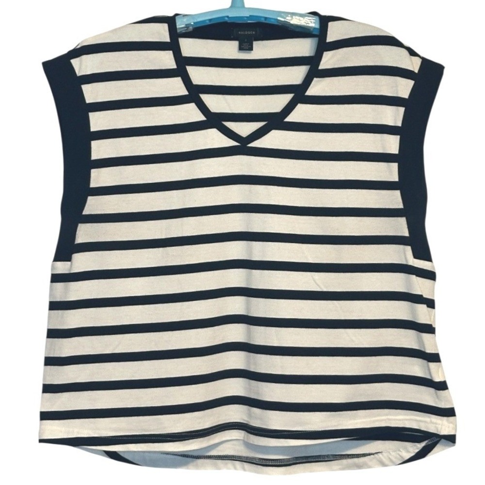 Halogen Striped Vest Top Womens Black White V-Neck‎ Parisian Nautical Coastal  L